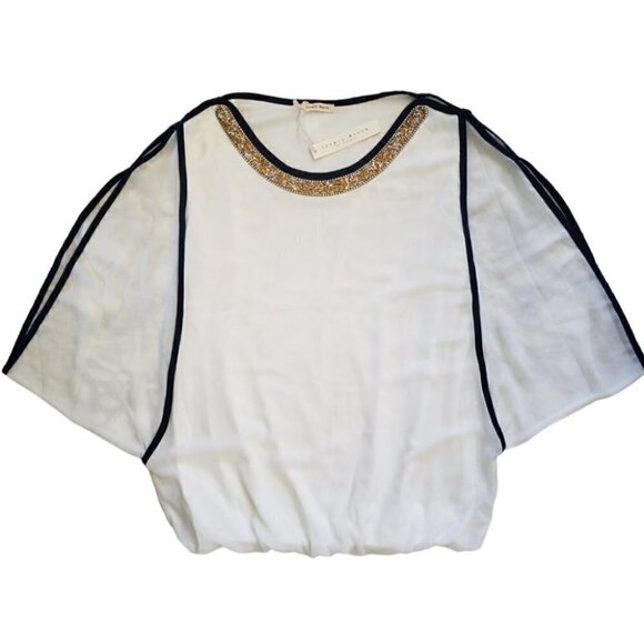 NWT White chiffon blouse with bat sleeve and embellished neckline sz M - Picture 5 of 8